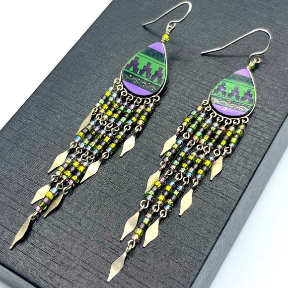 Artisan Native Dangle Fringe Earrings Silver Purple 3.5" - Picture 1 of 5